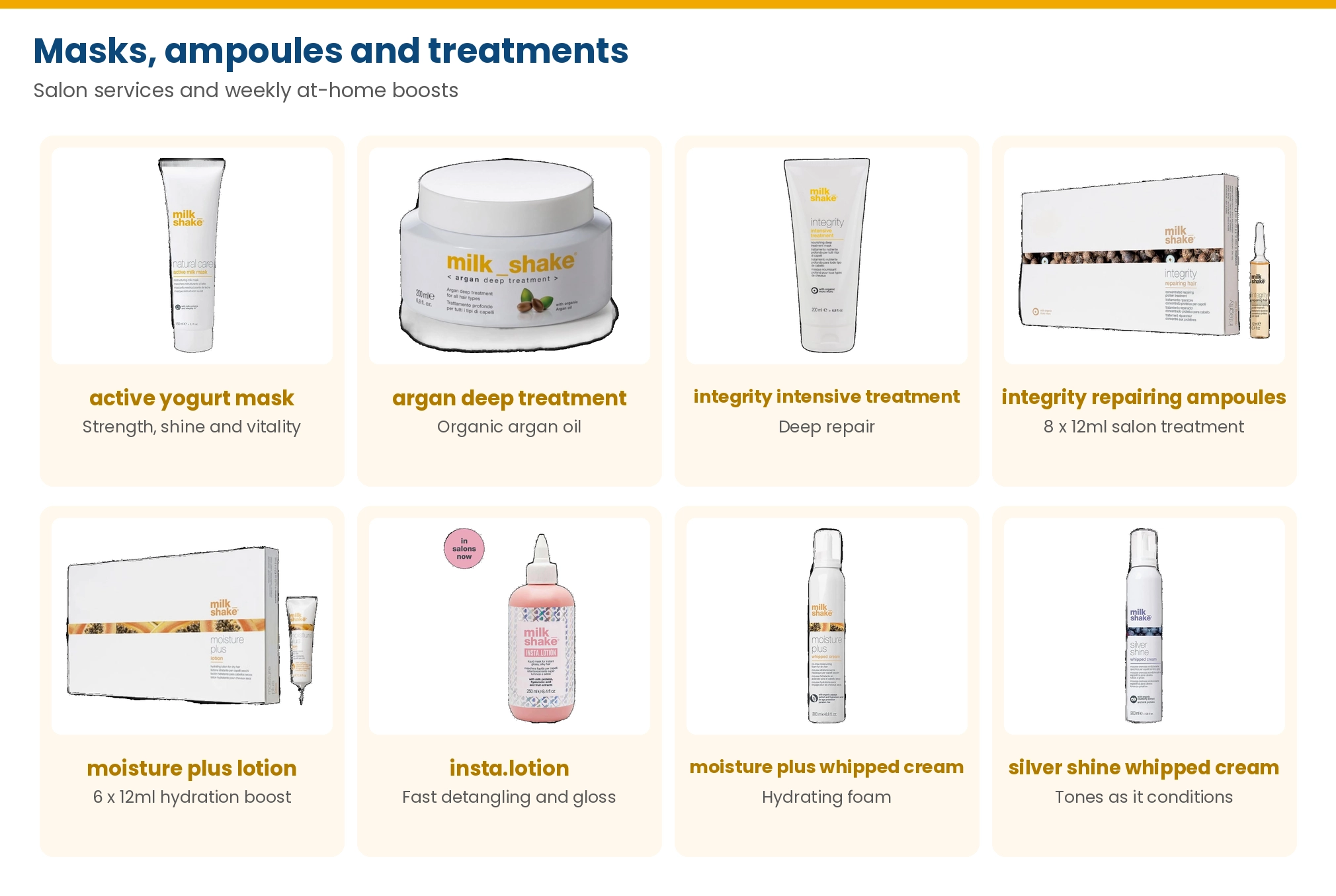 milk_shake treatments: active yogurt mask, argan deep treatment, integrity intensive treatment and ampoules, moisture plus lotion, insta.lotion and whipped creams