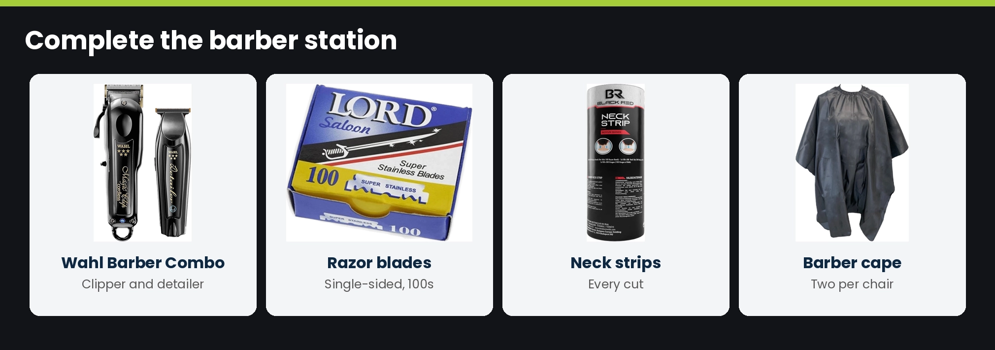 Barber station essentials: Wahl Barber Combo clipper and detailer, razor blades, neck strips and barber cape