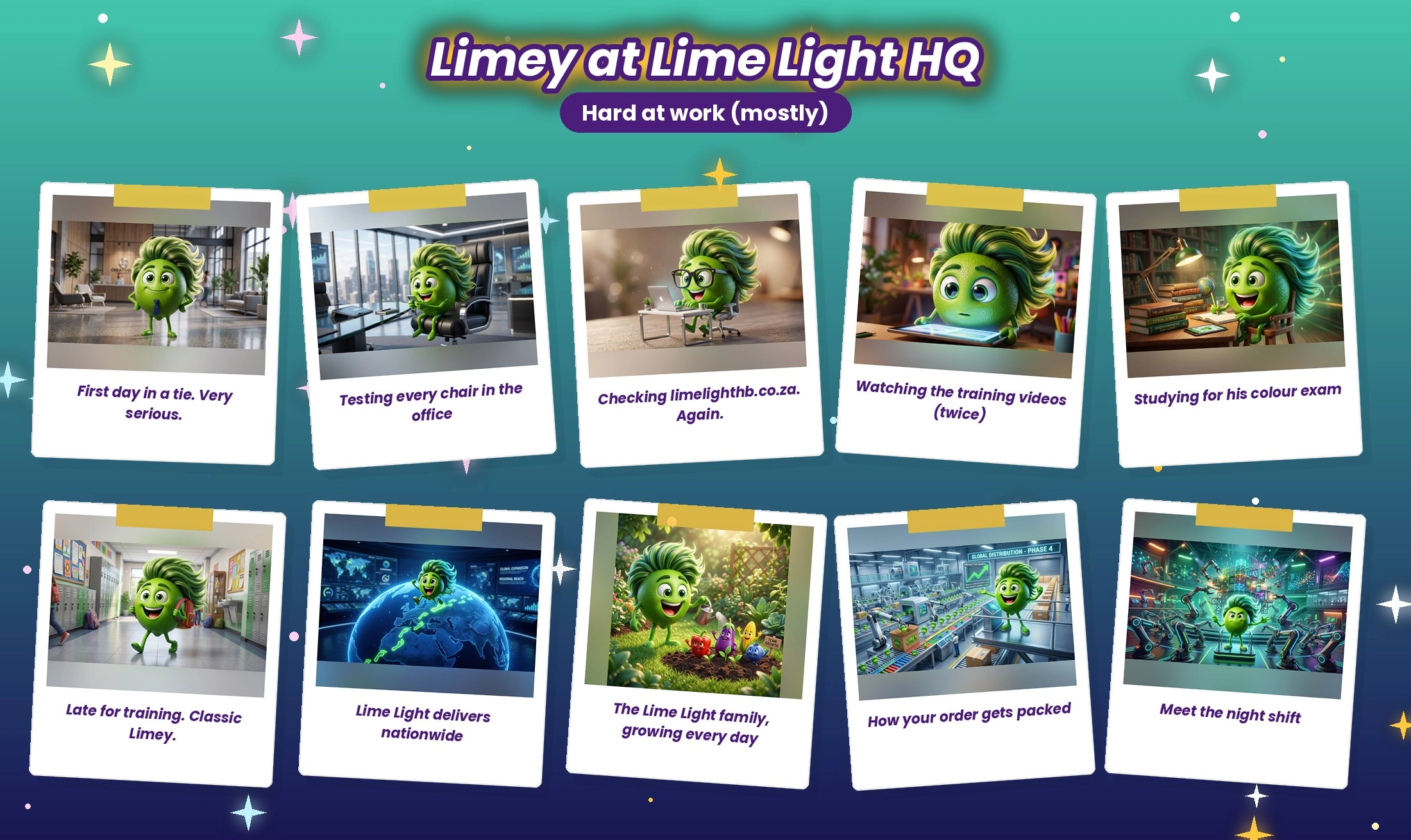 Limey at Lime Light HQ: first day in a tie, testing office chairs, checking the website, watching training videos, studying, running late for training, nationwide delivery, the growing team, packing orders and the night shift