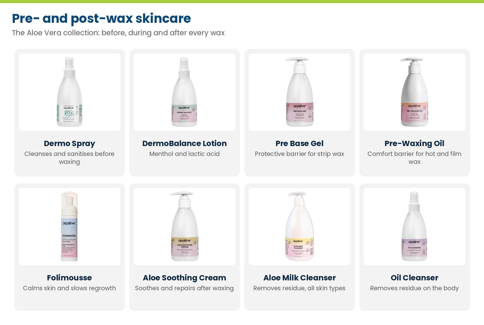 Depilève pre- and post-wax skincare: Dermo Spray, DermoBalance lotion, Pre Base Gel, Pre-Waxing Oil, Folimousse, Aloe Soothing Cream, Aloe Milk Cleanser and Oil Cleanser