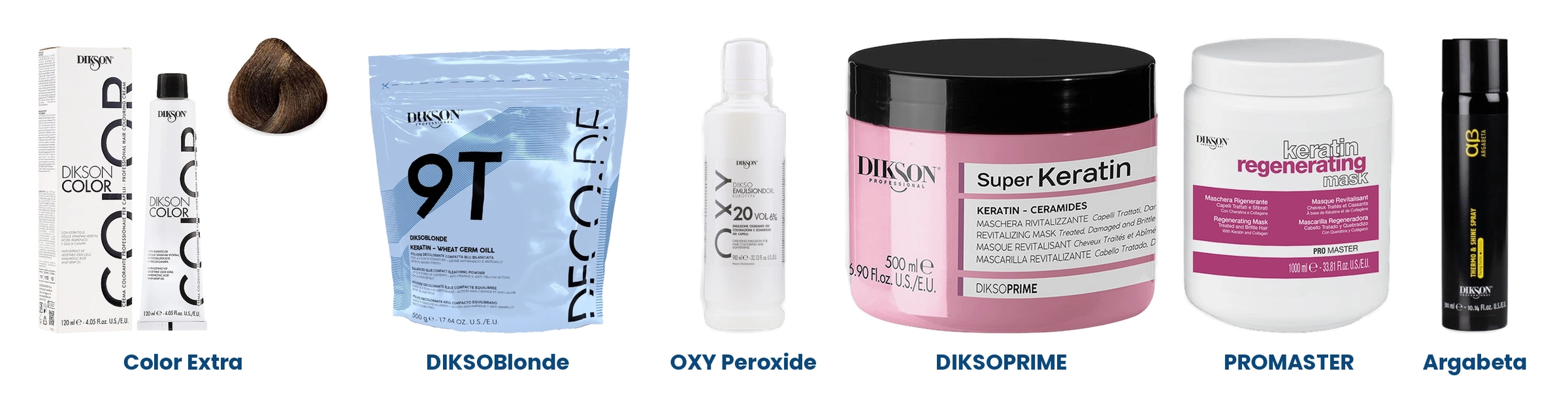 Dikson Professional products: Dikson Color Extra, DIKSOBlonde bleach, OXY Cream Peroxide, DIKSOPRIME Super Keratin mask, PROMASTER Keratin mask and Argabeta styling spray