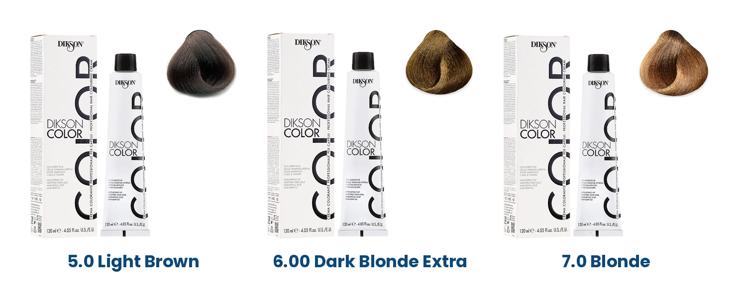 Dikson Color Extra 120ml in shades 5.0 Light Brown, 6.00 Dark Blonde Extra and 7.0 Blonde