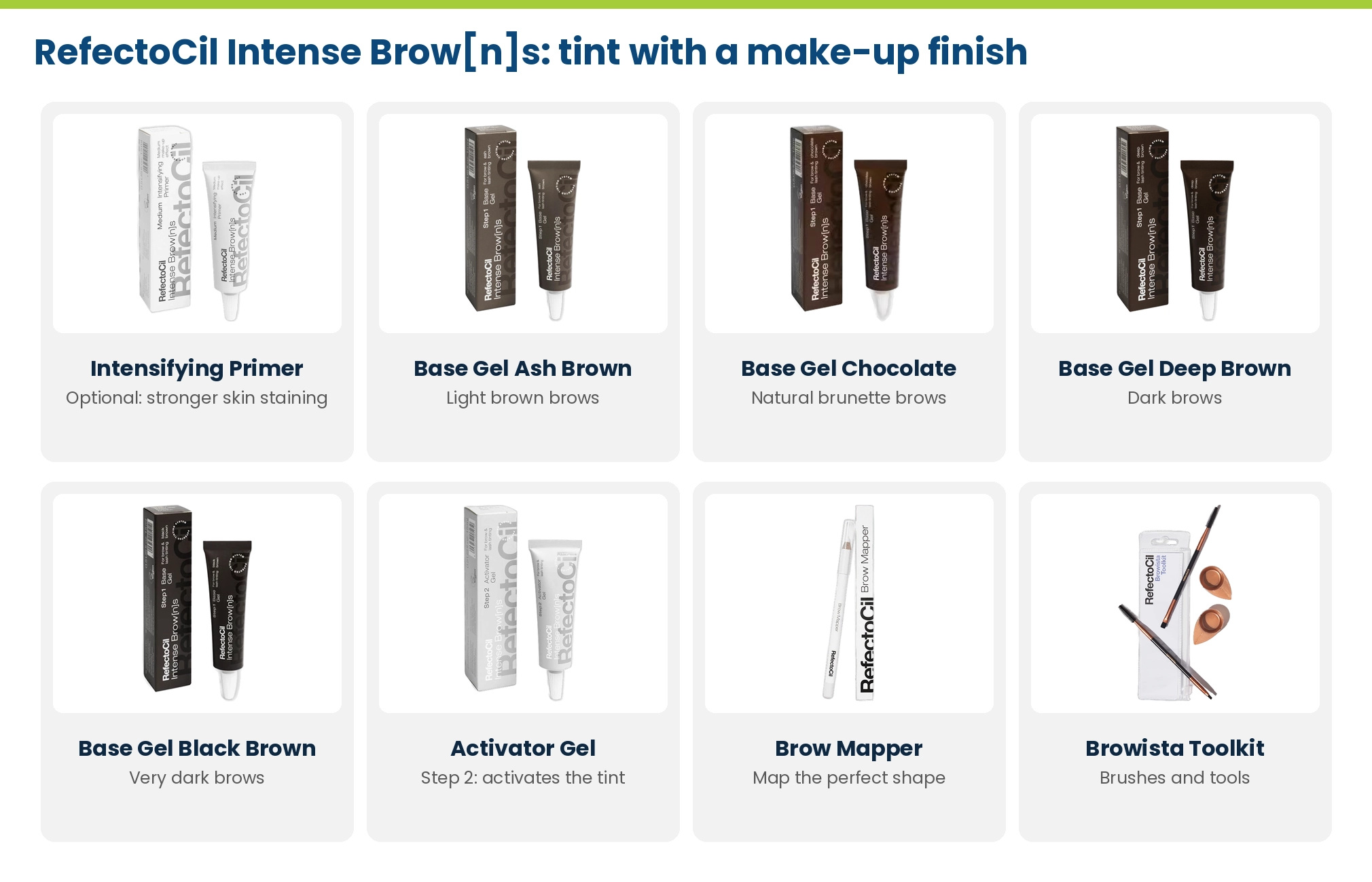 RefectoCil Intense Brow[n]s: Intensifying Primer, Base Gel Ash Brown, Chocolate Brown, Deep Brown and Black Brown, Activator Gel, Brow Mapper and Browista Toolkit