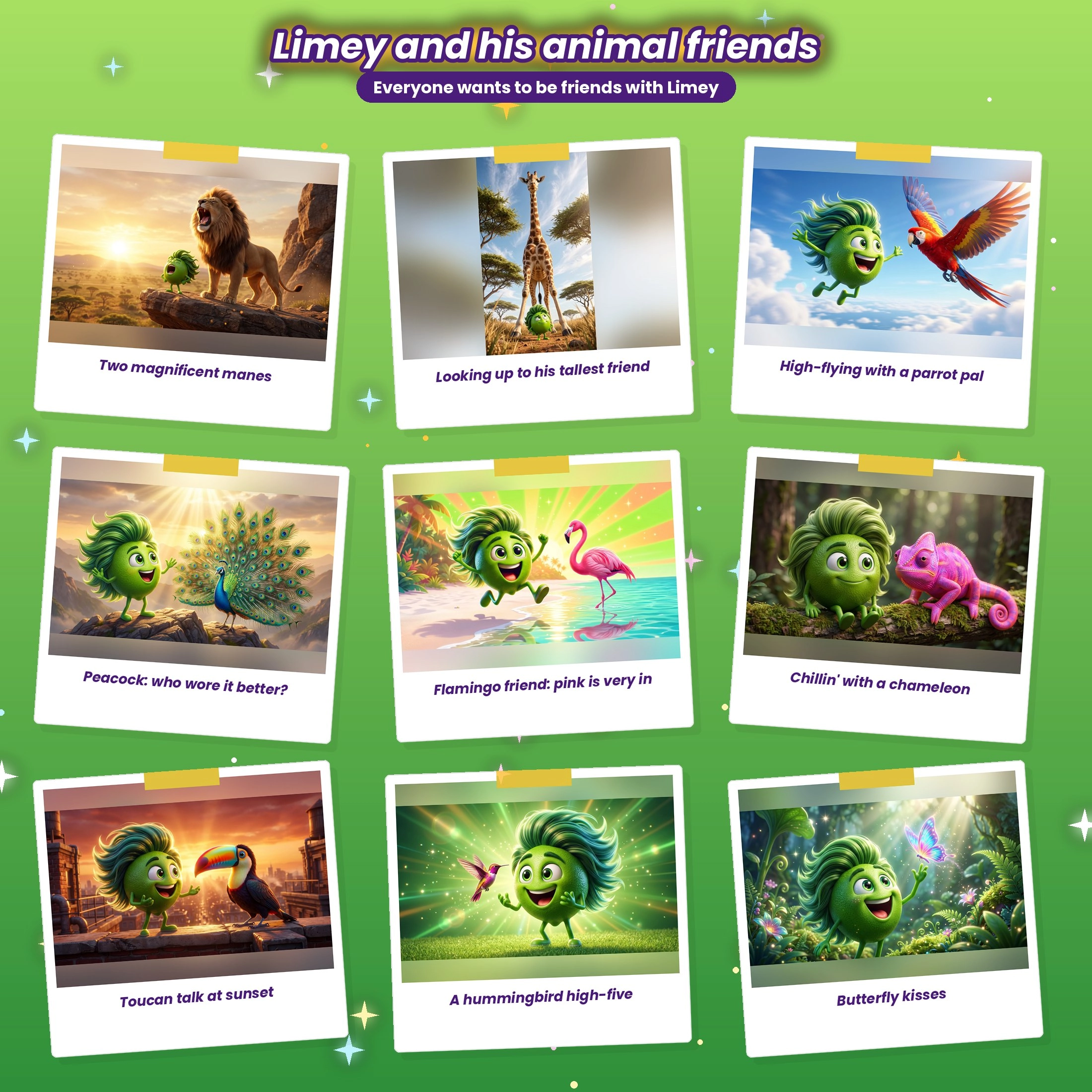 Limey and the friends he meets on his adventures: a lion, a giraffe, a parrot, a peacock, a flamingo, a chameleon, a toucan, a hummingbird and a butterfly