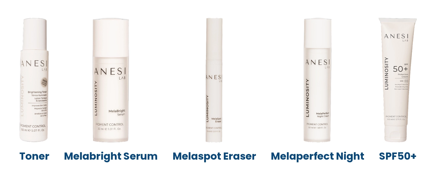 ANESI LAB Luminosity Brightening Toner, Melabright Serum, Melaspot Eraser, Melaperfect Night Cream and SPF50+ Protection Cream
