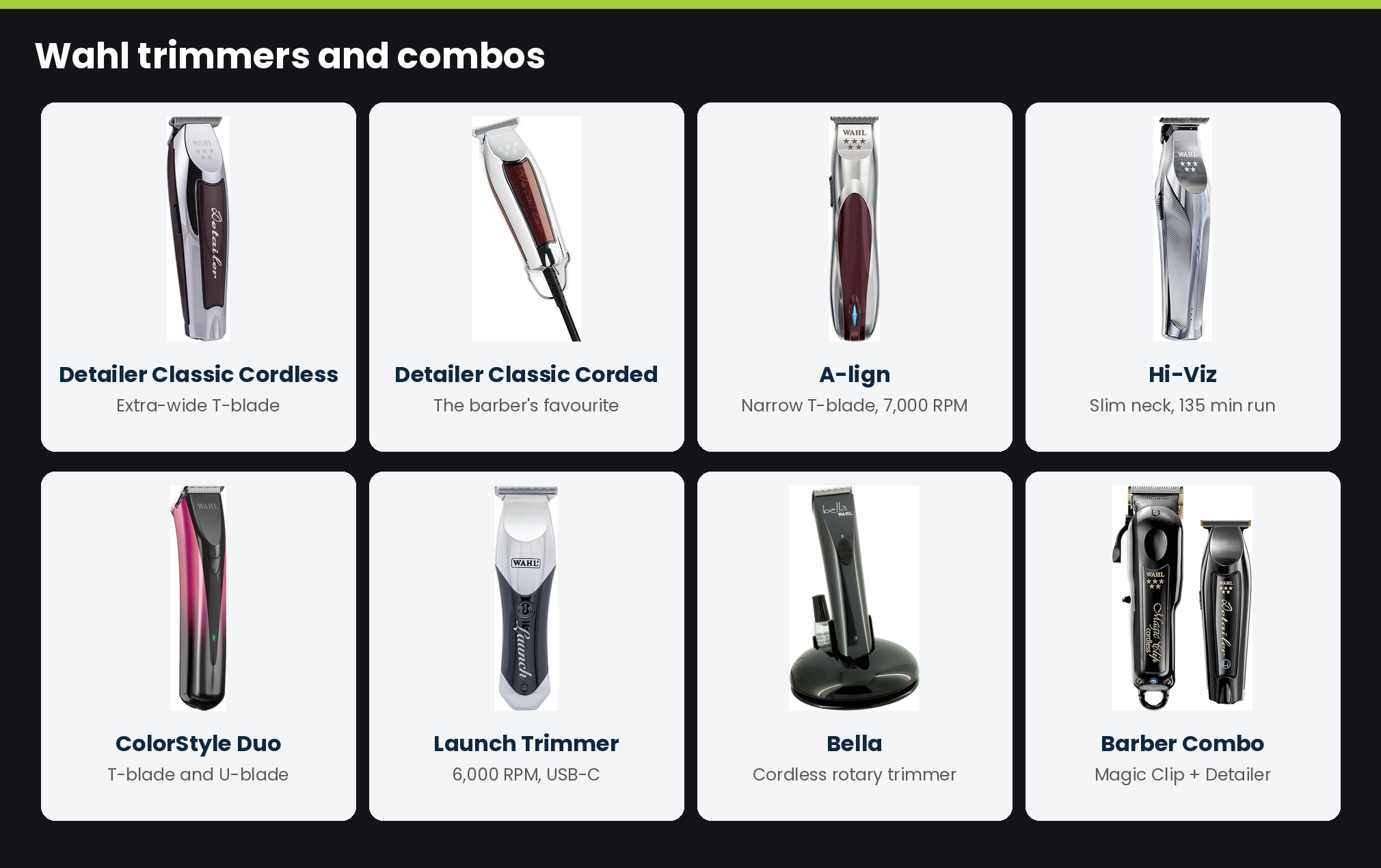 Wahl trimmers at Lime Light: Detailer Classic cordless and corded, A-lign, Hi-Viz, ColorStyle Duo, Launch Trimmer, Bella and the Barber Combo of Magic Clip and Detailer