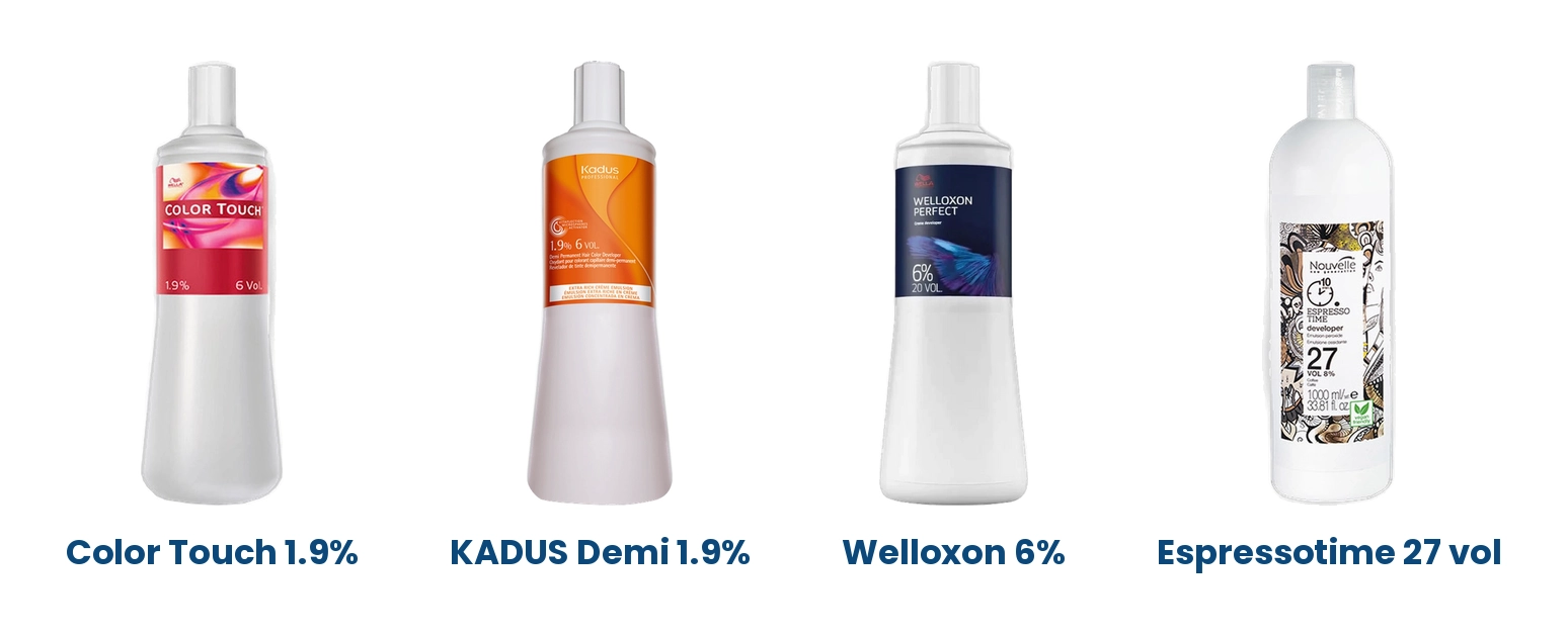 Wella Color Touch Emulsion 1.9%, KADUS Demi-Permanent Developer 1.9%, Wella Welloxon Perfect 6% and Nouvelle Espressotime 27 vol developer