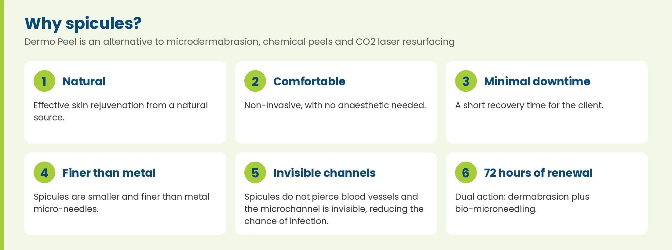 Why spicules: natural, comfortable, minimal downtime, finer than metal needles, invisible channels and 72 hours of renewal