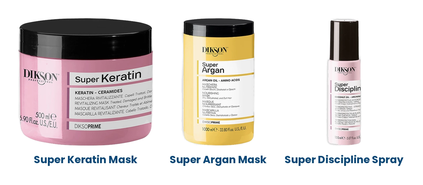 Dikson DIKSOPRIME Super Keratin Revitalizing Mask, Super Argan Nourishing Mask and Super Discipline Thermo Spray