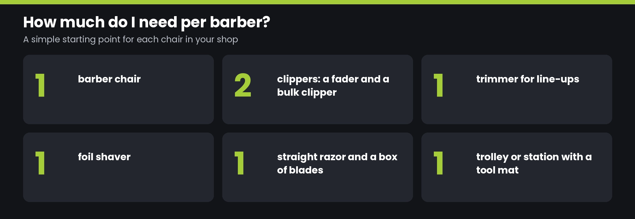 How much do I need per barber: one barber chair, two clippers, one trimmer, one foil shaver, one straight razor with blades and one trolley or station with a tool mat