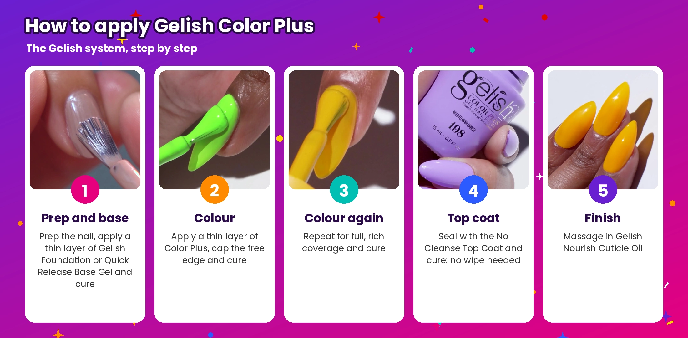 How to apply Gelish Color Plus: prep and base, colour, colour again, No Cleanse Top Coat and cuticle oil