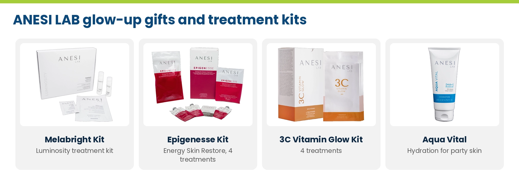 ANESI LAB festive gifts and treatment kits: Luminosity Melabright Treatment Kit, Epigenesse Energy Skin Restore Kit, 3C Vitamin Glow Kit and Aqua Vital hydration