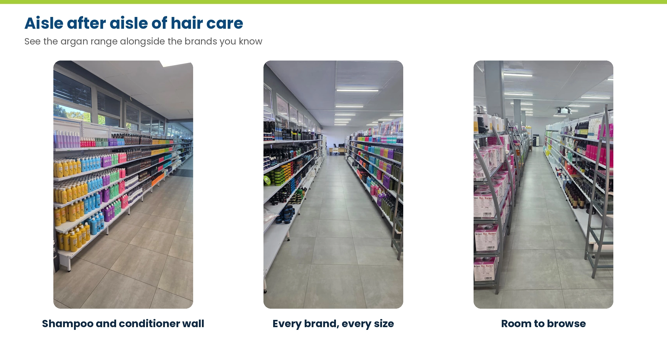 Hair care aisles at the Lime Light Super Store in Sandton, with shampoo and conditioner walls stocked in every size