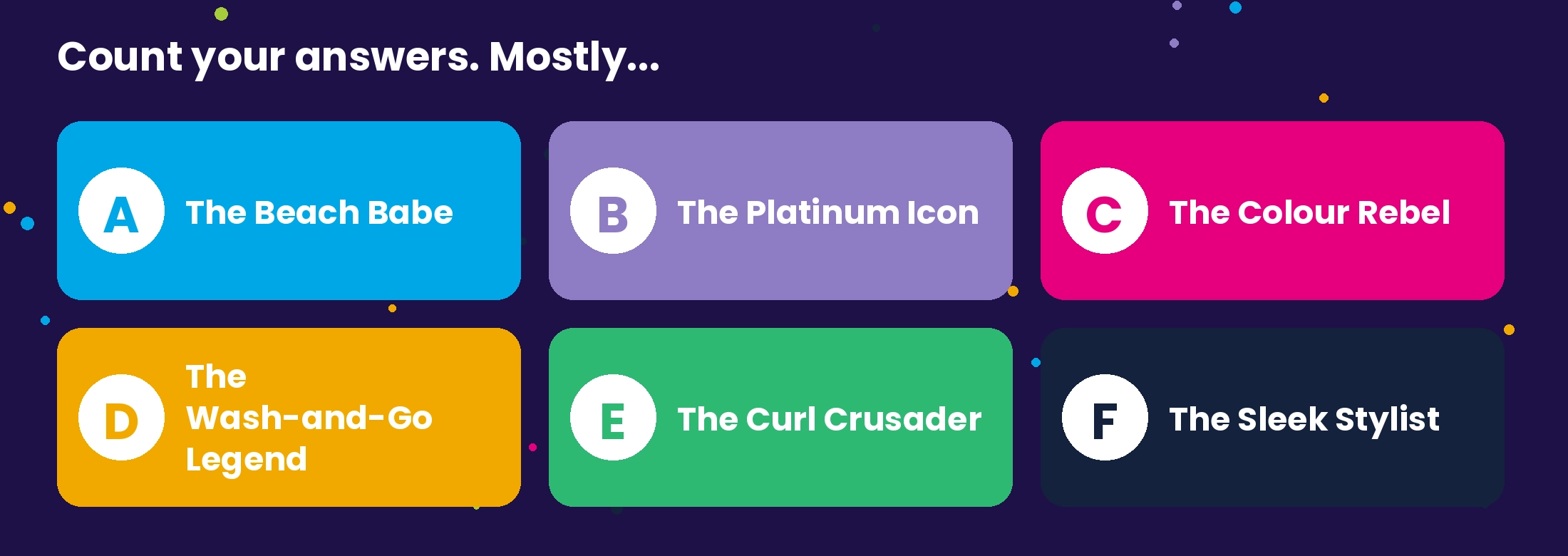 Quiz results key: mostly A Beach Babe, B Platinum Icon, C Colour Rebel, D Wash-and-Go Legend, E Curl Crusader, F Sleek Stylist