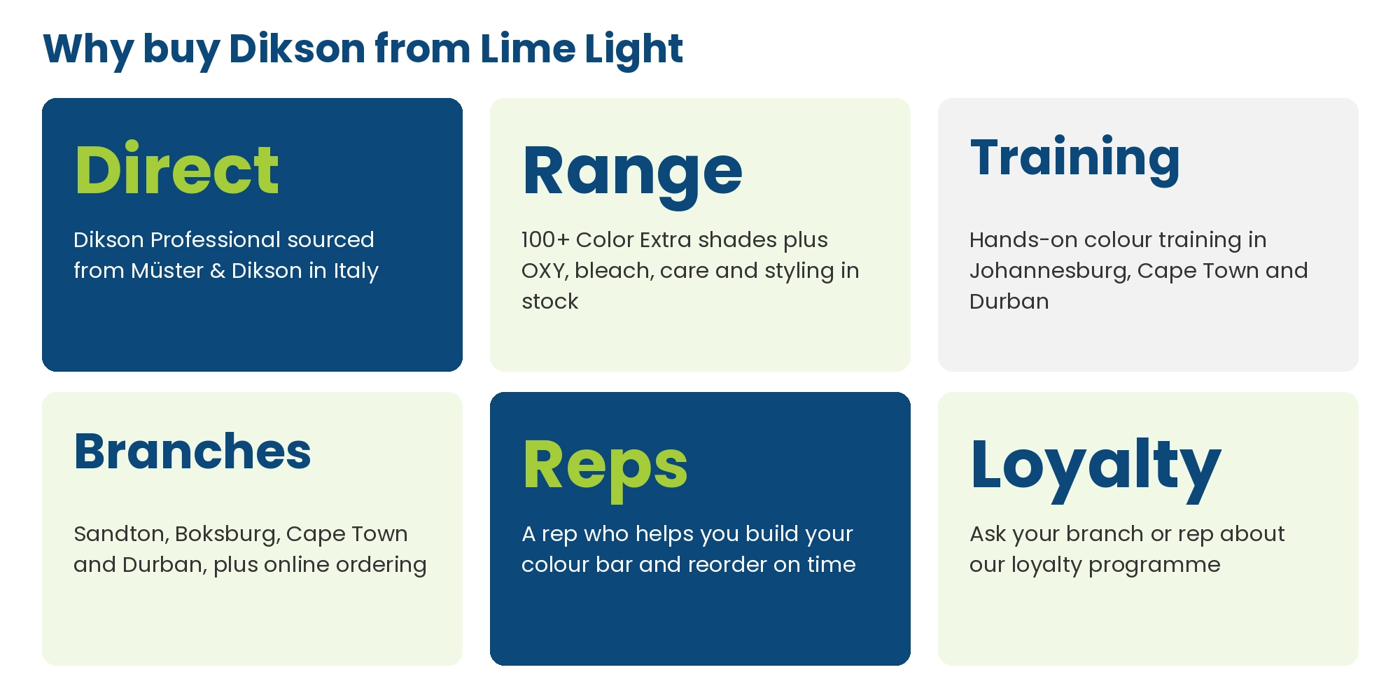 Why buy Dikson from Lime Light: sourced from Italy, wide range in stock, training, nationwide branches, reps and loyalty programme
