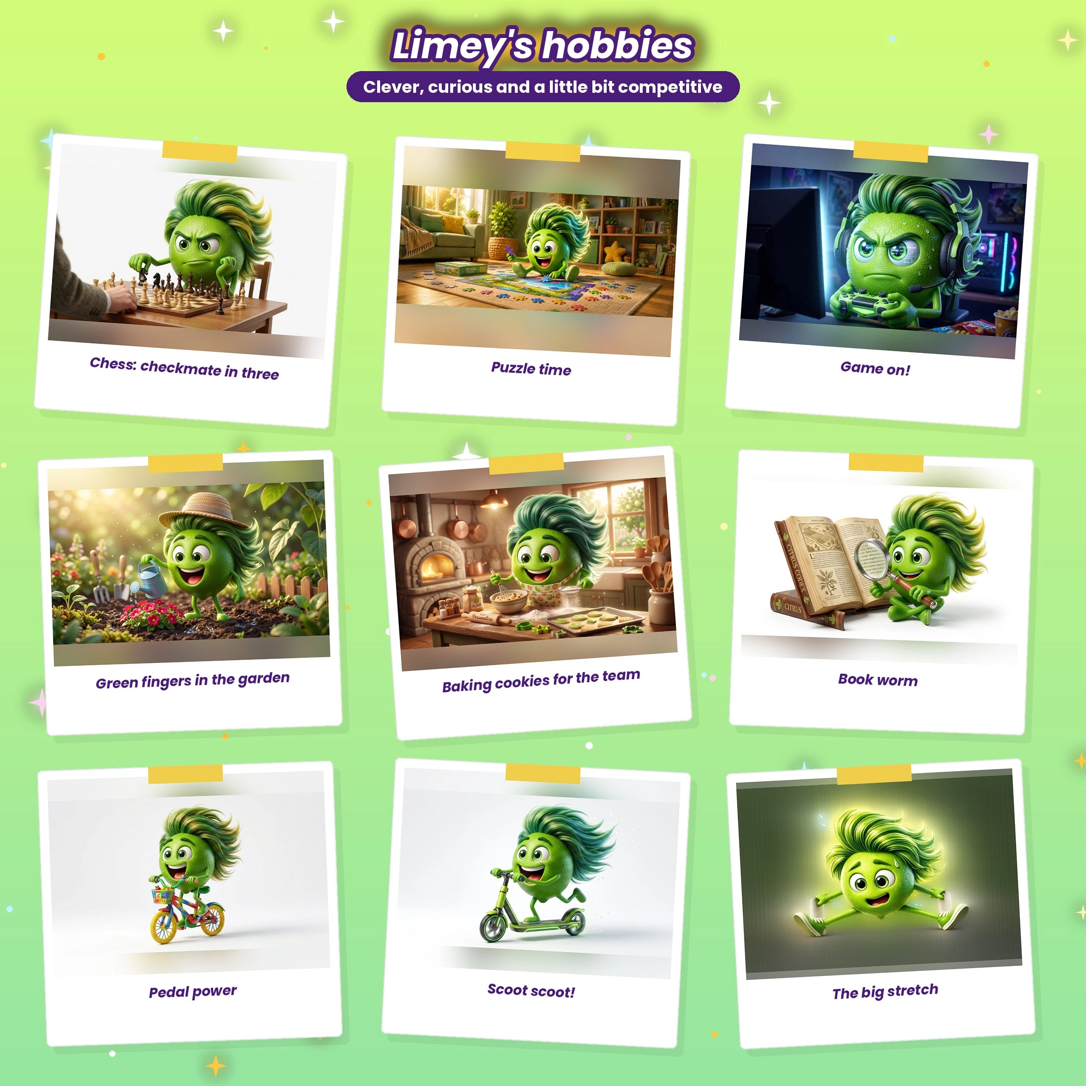 Limey's hobbies: playing chess, doing a puzzle, gaming, gardening, baking cookies, reading, cycling, scooting and stretching