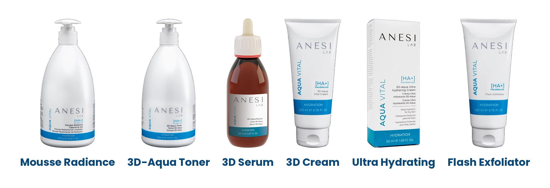 ANESI LAB Aqua Vital range: Mousse Radiance Foam Cleanser, 3D-Aqua Toner, 3D-Aqua Vital Serum, 3D-Aqua Vital Cream, Ultra Hydrating Cream and Flash Exfoliator