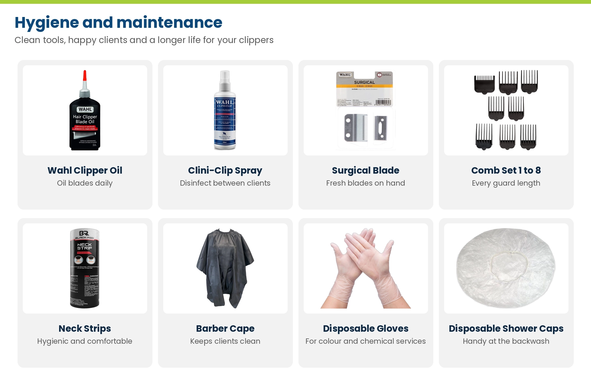 Barbershop hygiene and maintenance: Wahl clipper oil, Clini-Clip spray, surgical blade, comb set, neck strips, barber cape, gloves and disposable shower caps
