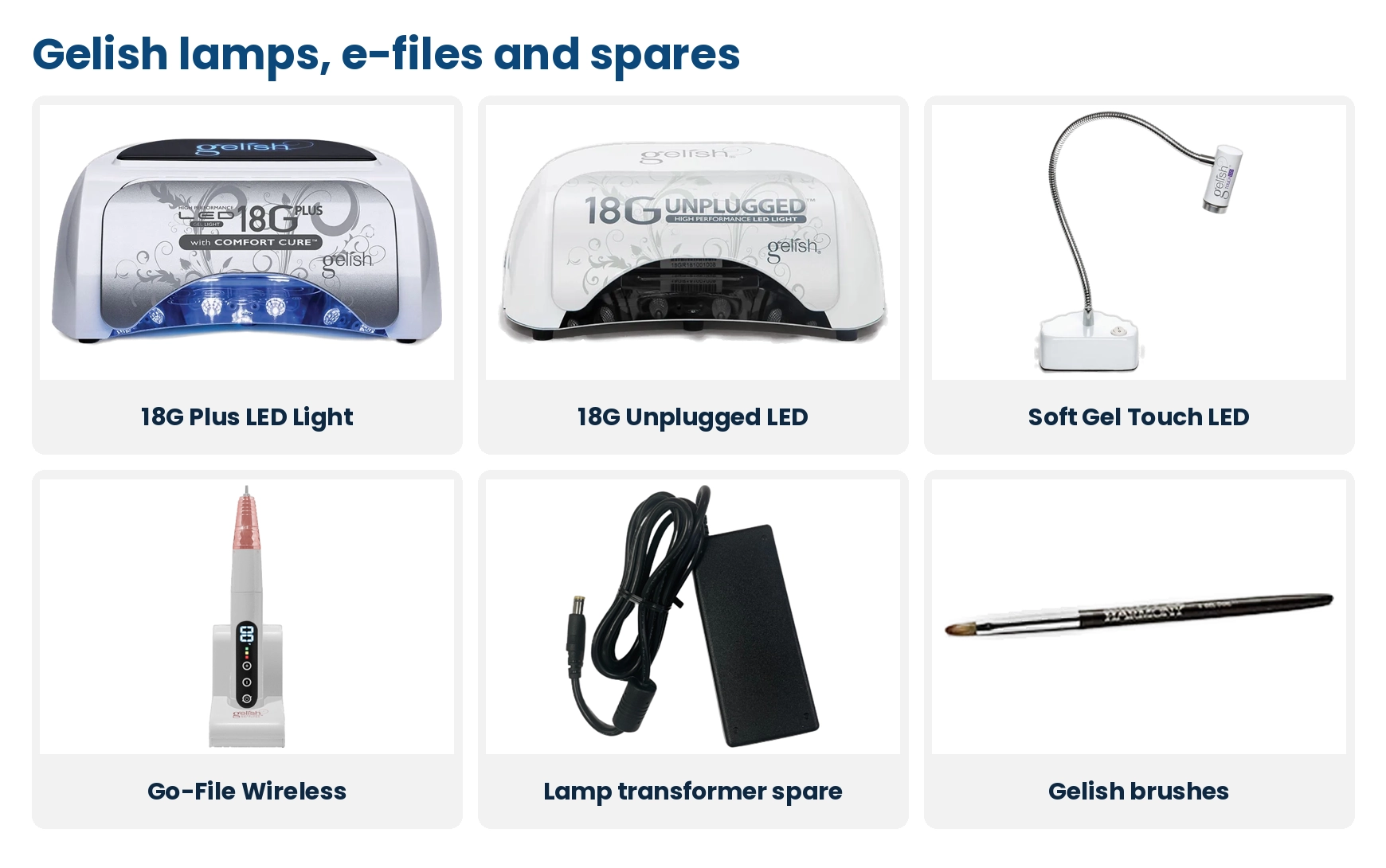 Gelish 18G Plus LED light, 18G Unplugged LED, Soft Gel Touch LED, Go-File Wireless e-file, lamp transformer spare and Gelish brushes