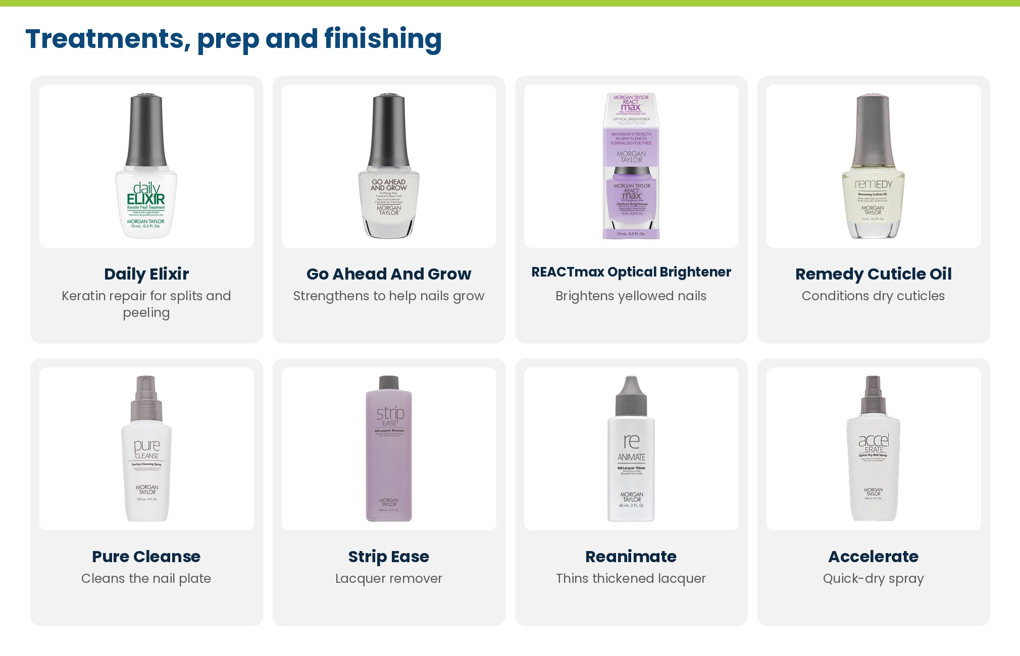 Morgan Taylor treatments, prep and finishing: Daily Elixir, Go Ahead And Grow, REACTmax Optical Brightener, Remedy cuticle oil, Pure Cleanse, Strip Ease, Reanimate and Accelerate