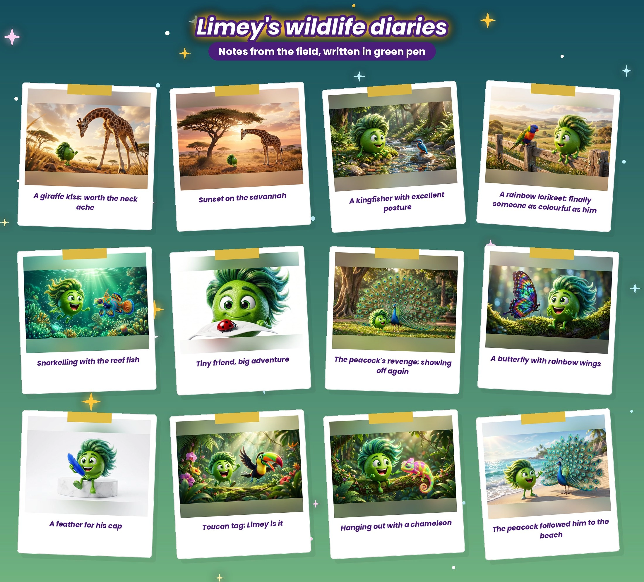 Limey's wildlife diaries: a giraffe kiss, a savannah sunset, a kingfisher, a rainbow lorikeet, snorkelling with reef fish, a ladybug, a peacock showing off, a rainbow butterfly and a blue feather
