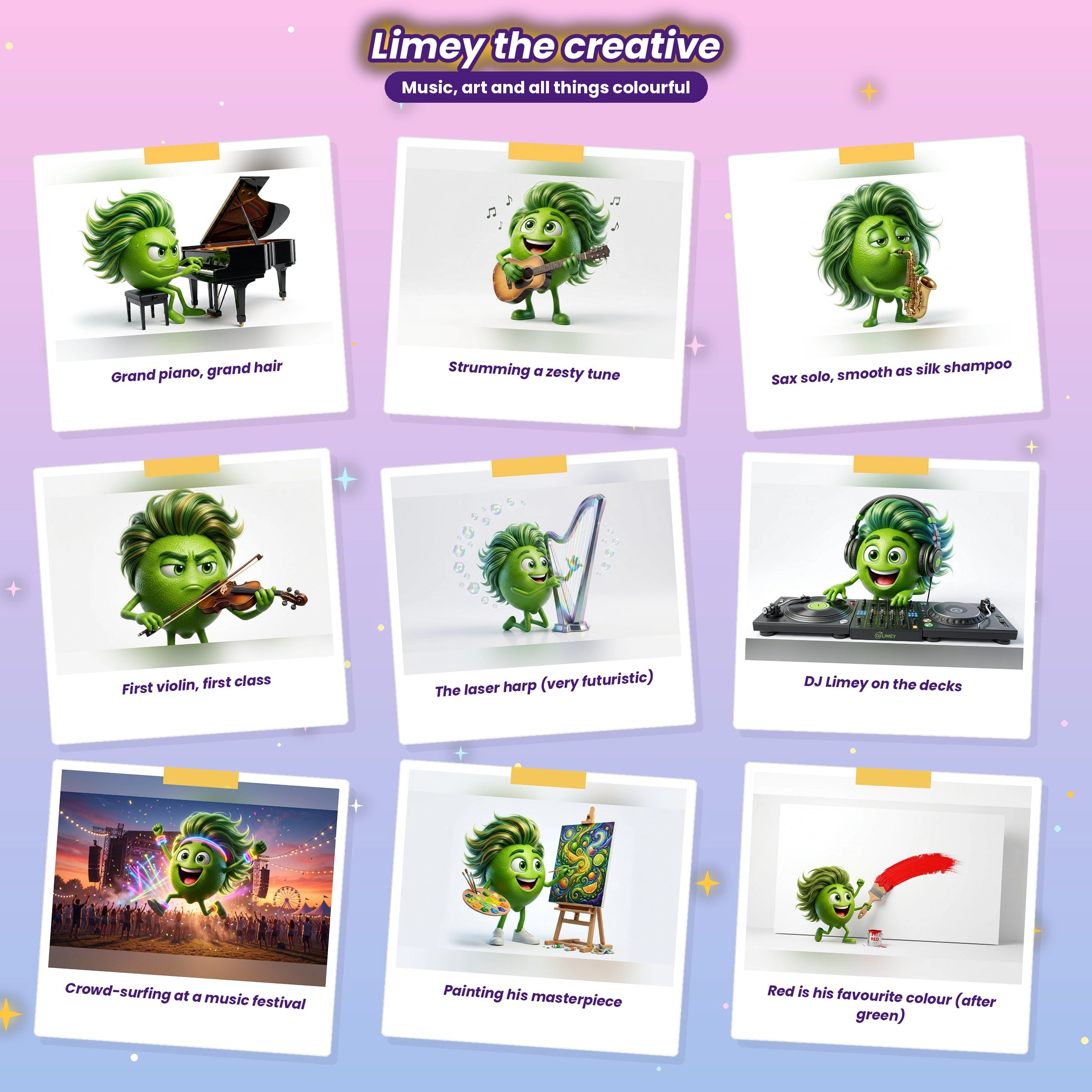 Limey the creative: playing grand piano, guitar, saxophone, violin and laser harp, DJ-ing, at a music festival, painting at an easel and painting a bold red brush stroke