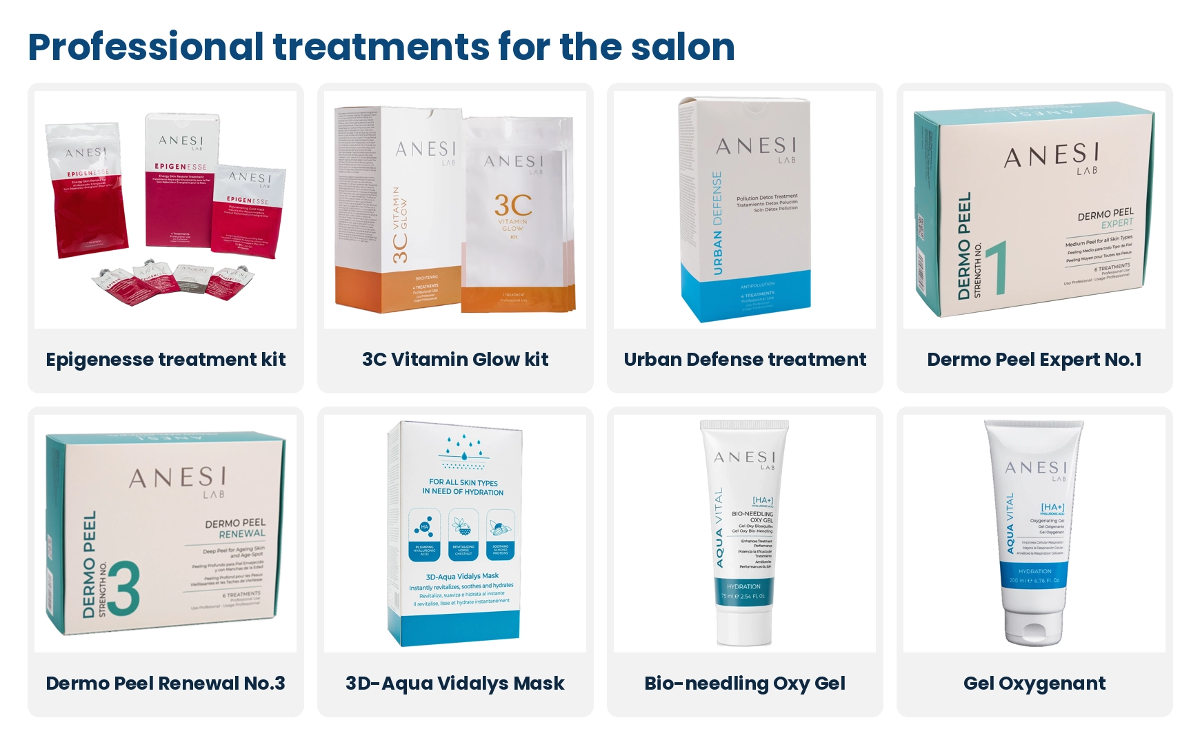 ANESI LAB professional treatments: Epigenesse treatment kit, 3C Vitamin Glow kit, Urban Defense single treatment, Dermo Peel Expert No.1 and Renewal No.3, 3D-Aqua Vidalys Mask, Bio-needling Oxy Gel and Gel Oxygenant