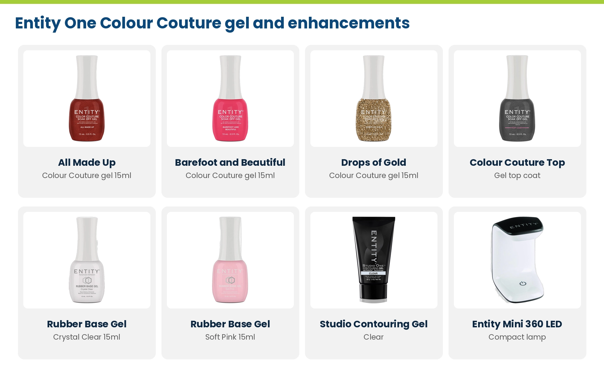 Entity One Colour Couture soak-off gel All Made Up, Barefoot and Beautiful and Drops of Gold, couture top coat, Entity Rubber Base Gel Crystal Clear and Soft Pink, Studio Contouring Gel and Entity Mini 360 LED lamp