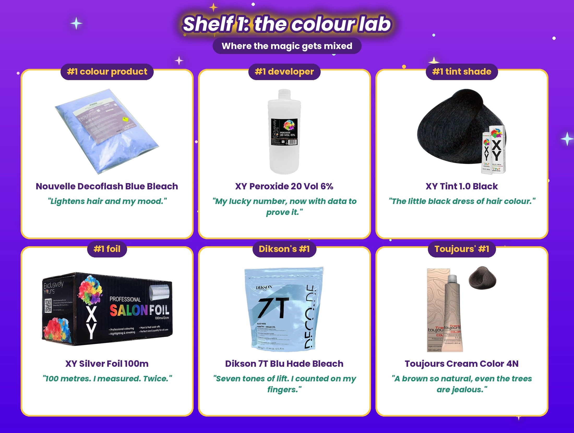 Limey's secret stash shelf 1, the colour lab: Nouvelle Decoflash Blue Bleach, XY Peroxide 20 Vol, XY Tint 1.0 Black, XY Silver Foil, Dikson 7T bleach and Toujours 4N