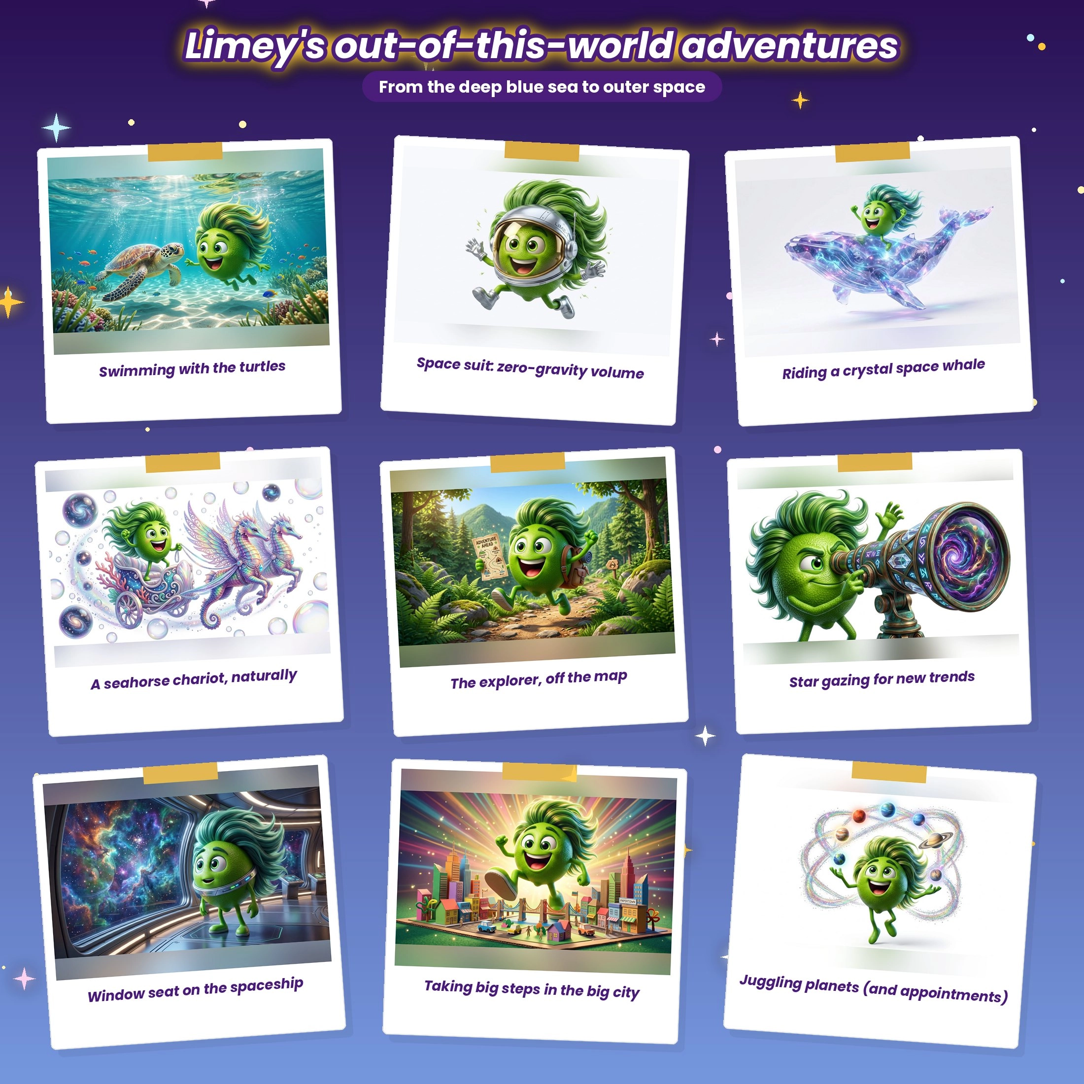 Limey's adventures: swimming with turtles, in a space suit, riding a crystal space whale and a seahorse chariot, exploring the jungle, star gazing, on a spaceship, in the big city and juggling planets