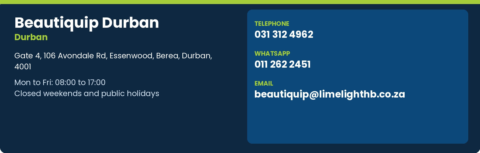 Beautiquip Durban address, opening hours, telephone, WhatsApp and email