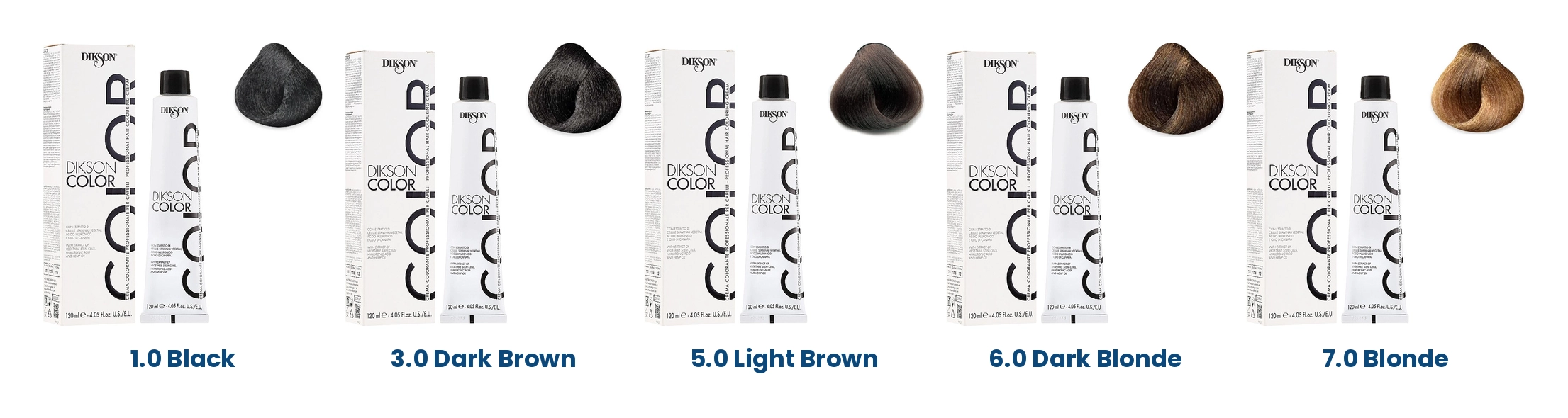 Dikson Color Extra 120ml in 1.0 Black, 3.0 Dark Brown, 5.0 Light Brown, 6.0 Dark Blonde and 7.0 Blonde