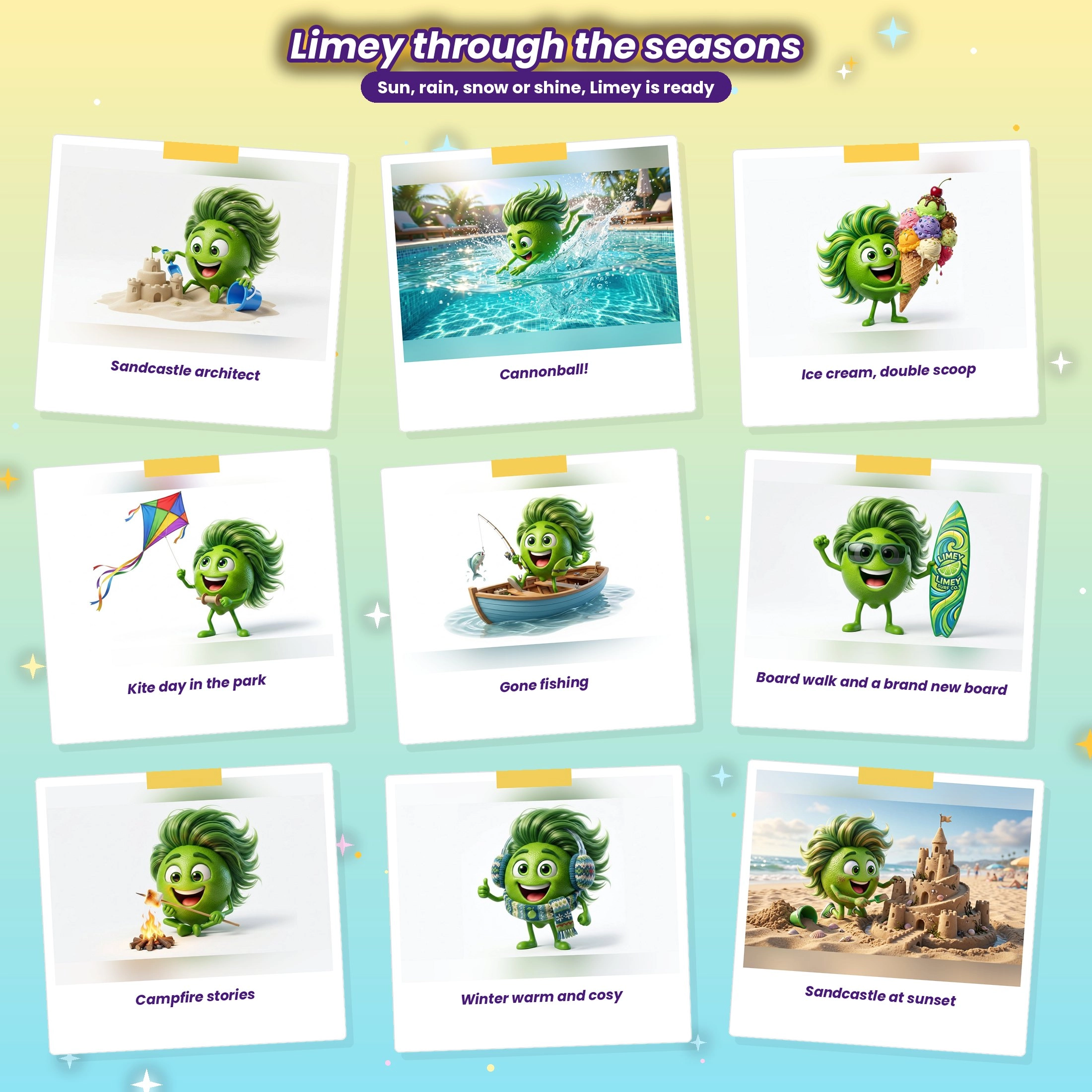 Limey through the seasons: building a sandcastle, diving into a pool, eating ice cream, flying a kite, fishing, carrying a surfboard, sitting by a campfire and wrapped up for winter
