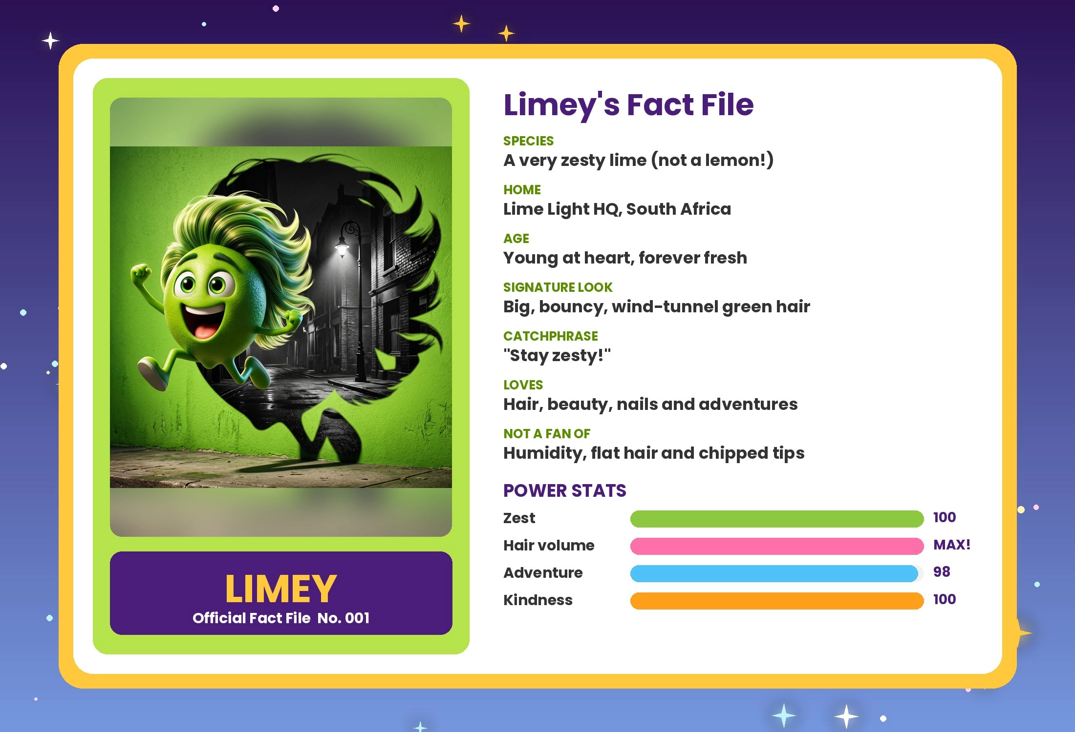 Limey's official fact file: a very zesty lime from Lime Light HQ in South Africa, young at heart, with big bouncy green hair, the catchphrase stay zesty, and power stats for zest, hair volume, adventure and kindness