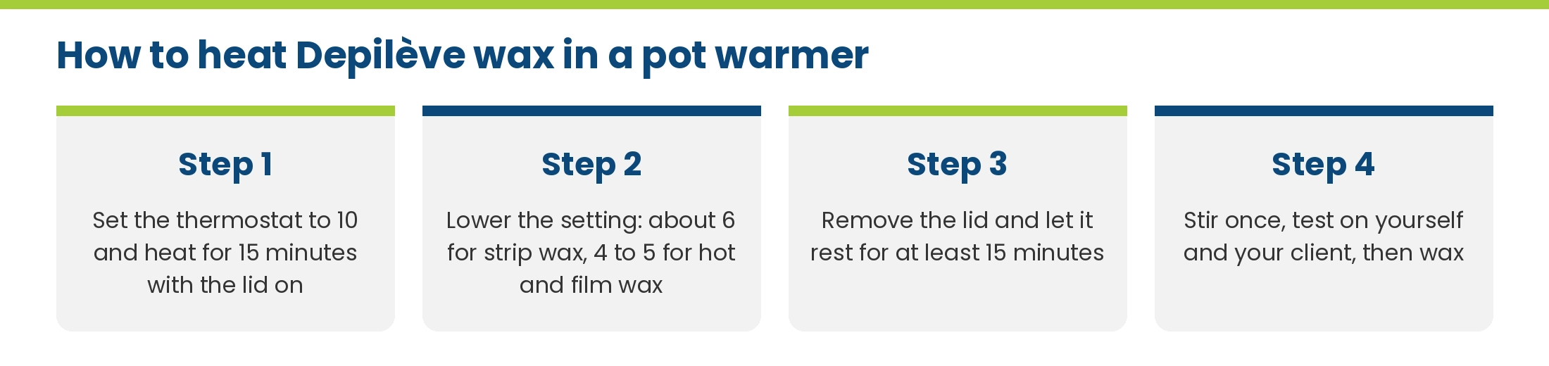 How to heat Depilève wax in a pot warmer: set to 10 for 15 minutes with the lid on, lower to about 6 for strip wax or 4 to 5 for hot and film wax, rest for 15 minutes, stir once and test
