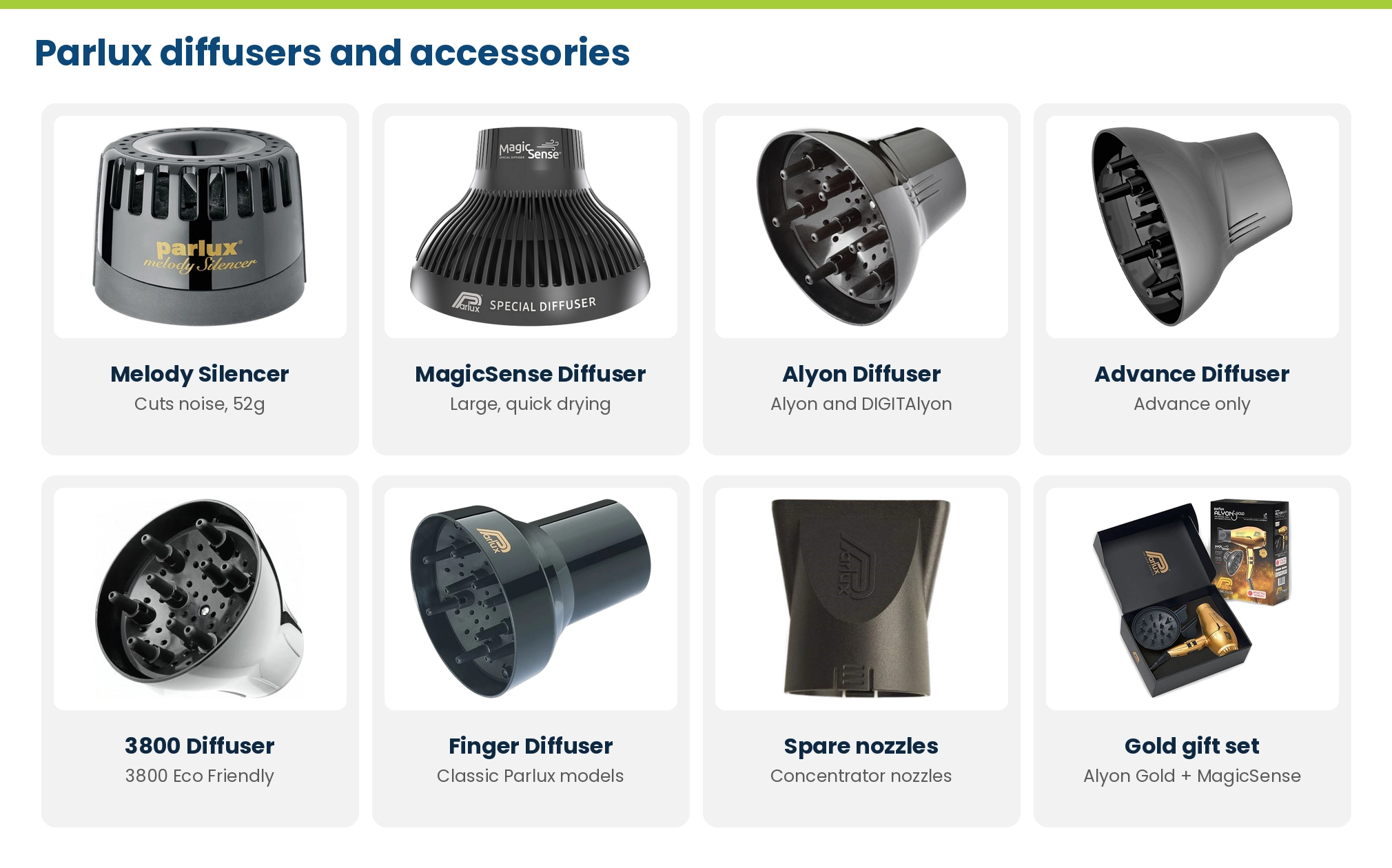 Parlux accessories at Lime Light: Melody Silencer, MagicSense diffuser, Alyon diffuser, Advance diffuser, 3800 diffuser, finger diffuser, spare nozzles and Alyon Gold MagicSense gift set