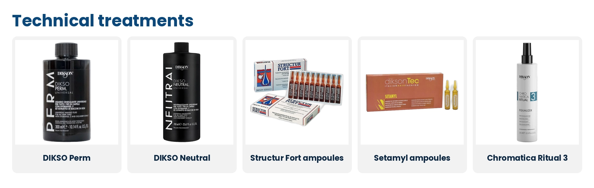 Dikson technical treatments: DIKSO Perm, DIKSO Neutral, Structur Fort ampoules, Setamyl ampoules and Chromatica Ritual 3 porosity equalizer