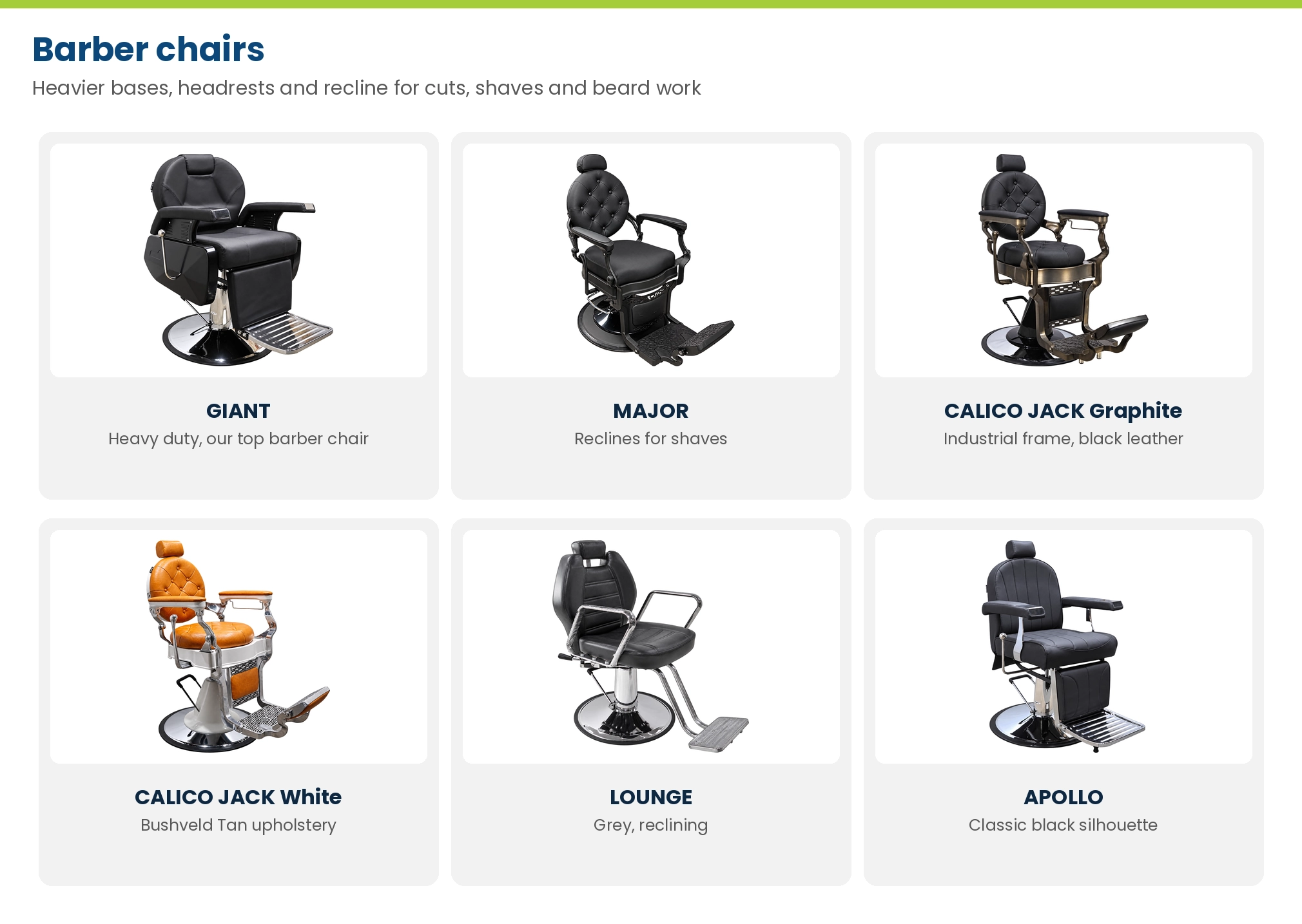 Lime Light barber chairs: GIANT, MAJOR, CALICO JACK graphite, CALICO JACK white with Bushveld Tan, LOUNGE and APOLLO