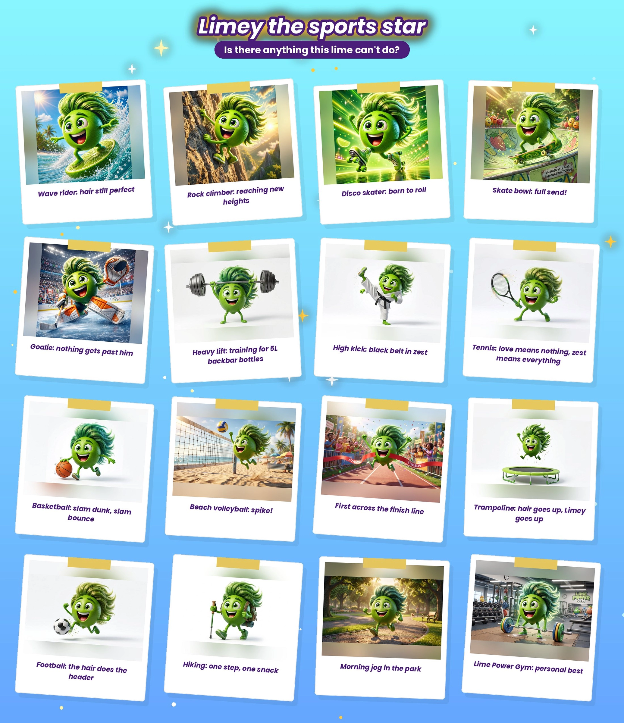 Limey the sports star: surfing, rock climbing, roller skating, skateboarding, ice hockey goalie, weightlifting, karate, tennis, basketball, beach volleyball, winning a race and bouncing on a trampoline