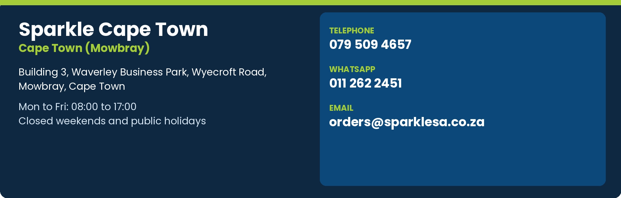 Sparkle Cape Town address, opening hours, telephone, WhatsApp and email