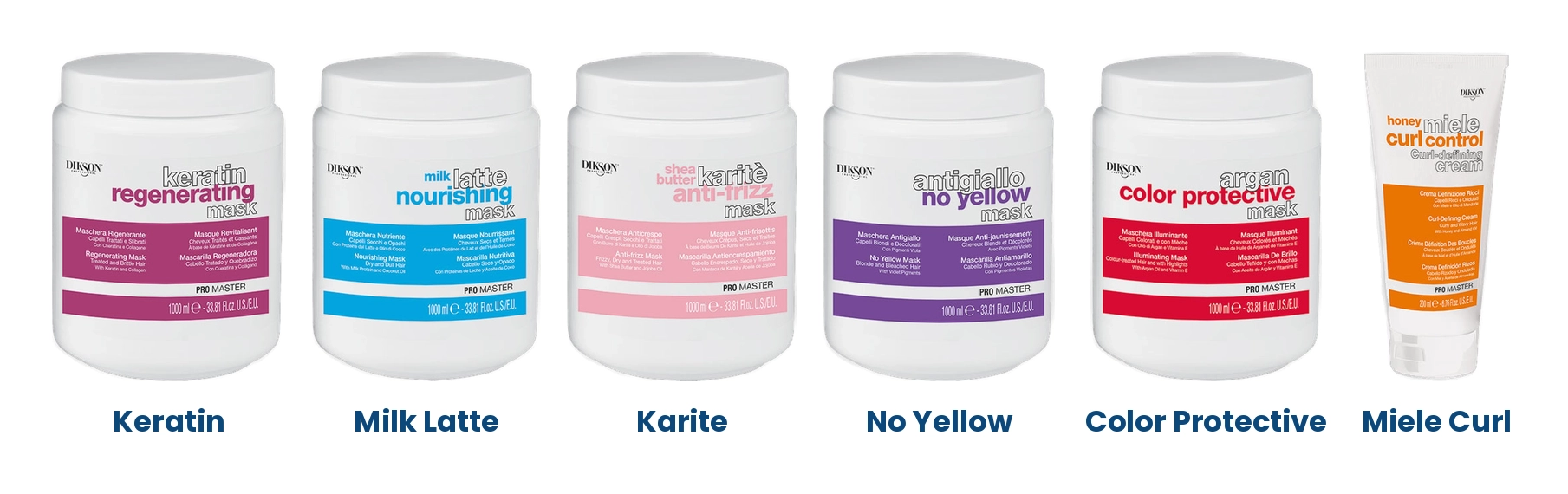 Dikson PROMASTER masks: Keratin Regenerating, Milk Latte Nourishing, Karite Anti-frizz, No Yellow, Argan Color Protective and Miele Curl Defining Cream