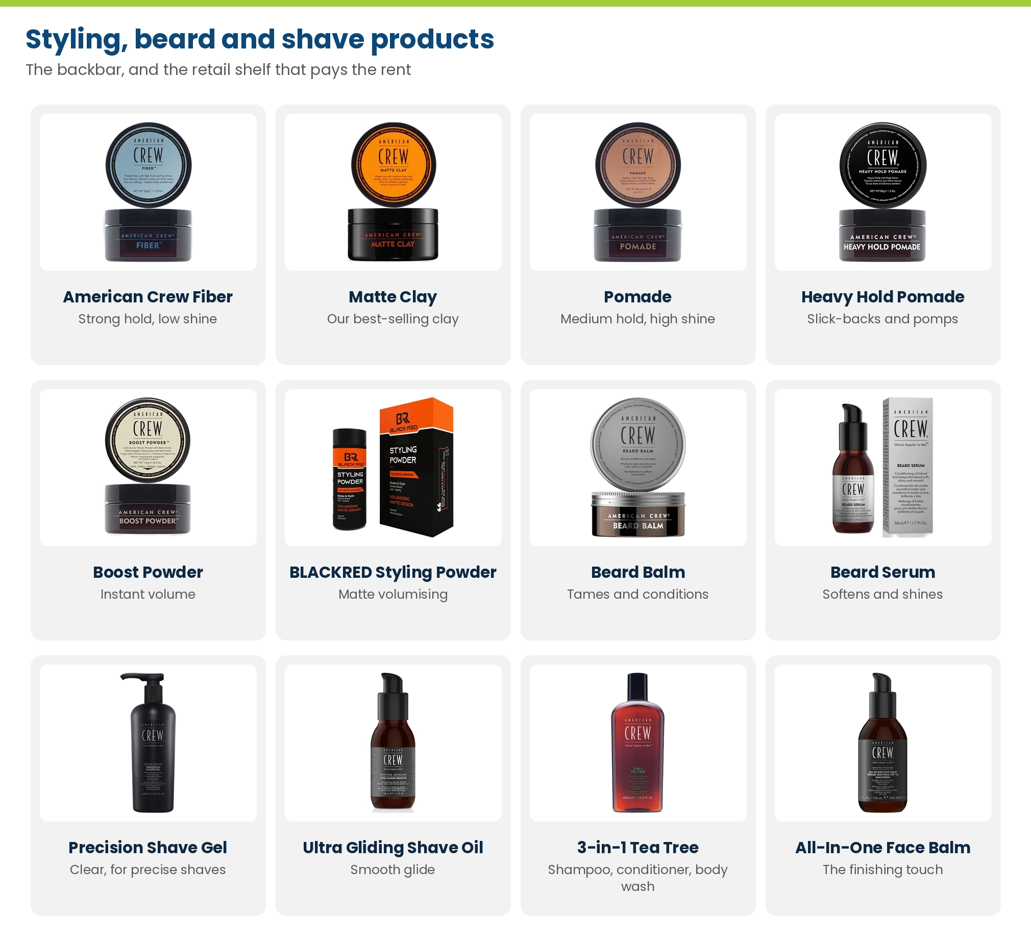 Barber styling and grooming products: American Crew Fiber, Matte Clay, Pomade, Heavy Hold Pomade, Boost Powder, BLACKRED Styling Powder, Beard Balm, Beard Serum, Precision Shave Gel, Ultra Gliding Shave Oil, 3-in-1 Tea Tree and All-In-One Face Balm