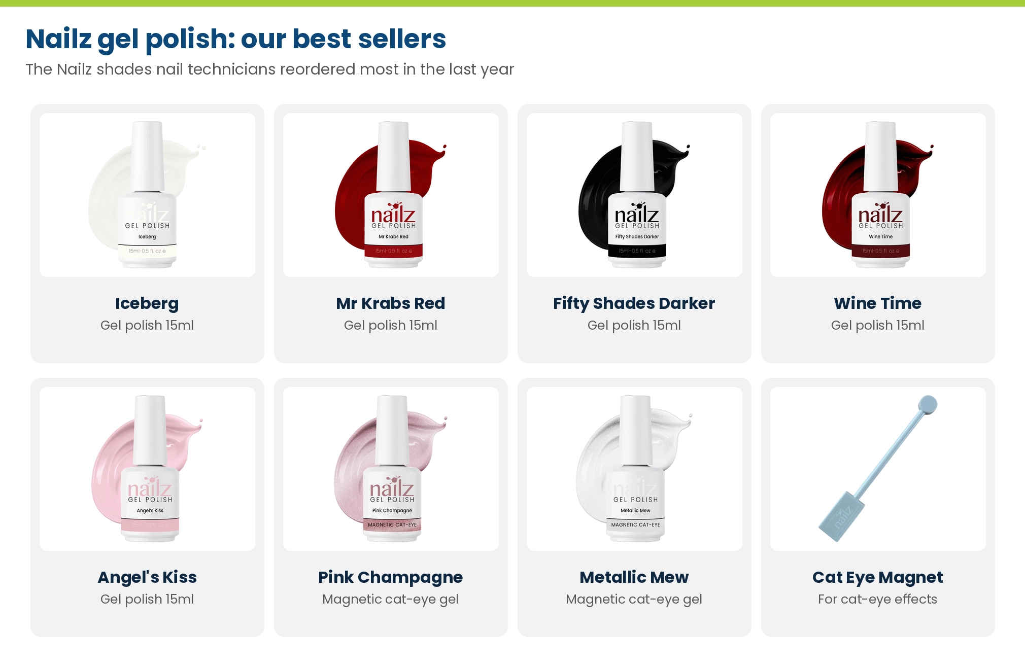 Best-selling Nailz gel polish at Lime Light: Iceberg, Mr Krabs Red, Fifty Shades Darker, Wine Time, Angel's Kiss, Pink Champagne and Metallic Mew magnetic cat-eye, and the Nailz cat-eye magnet
