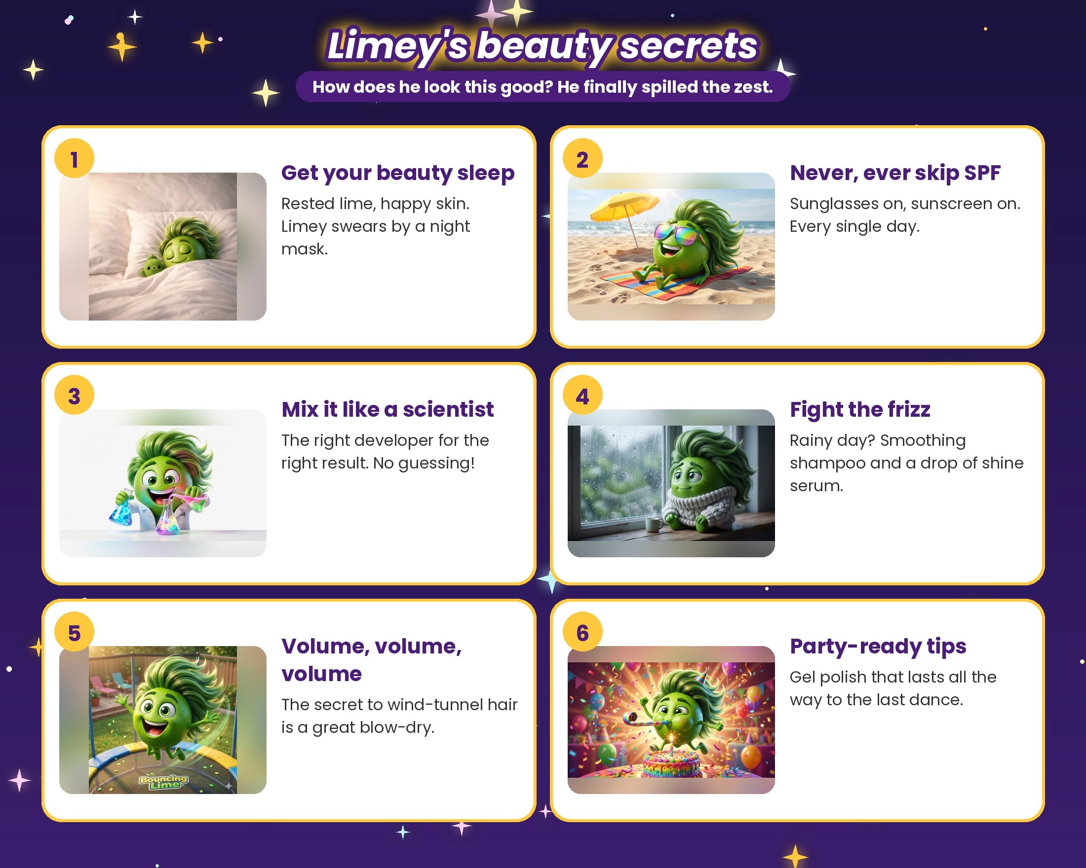 Limey's beauty secrets: beauty sleep, never skip SPF, mix colour like a scientist, fight the frizz, blow-dry for volume and party-ready gel nails