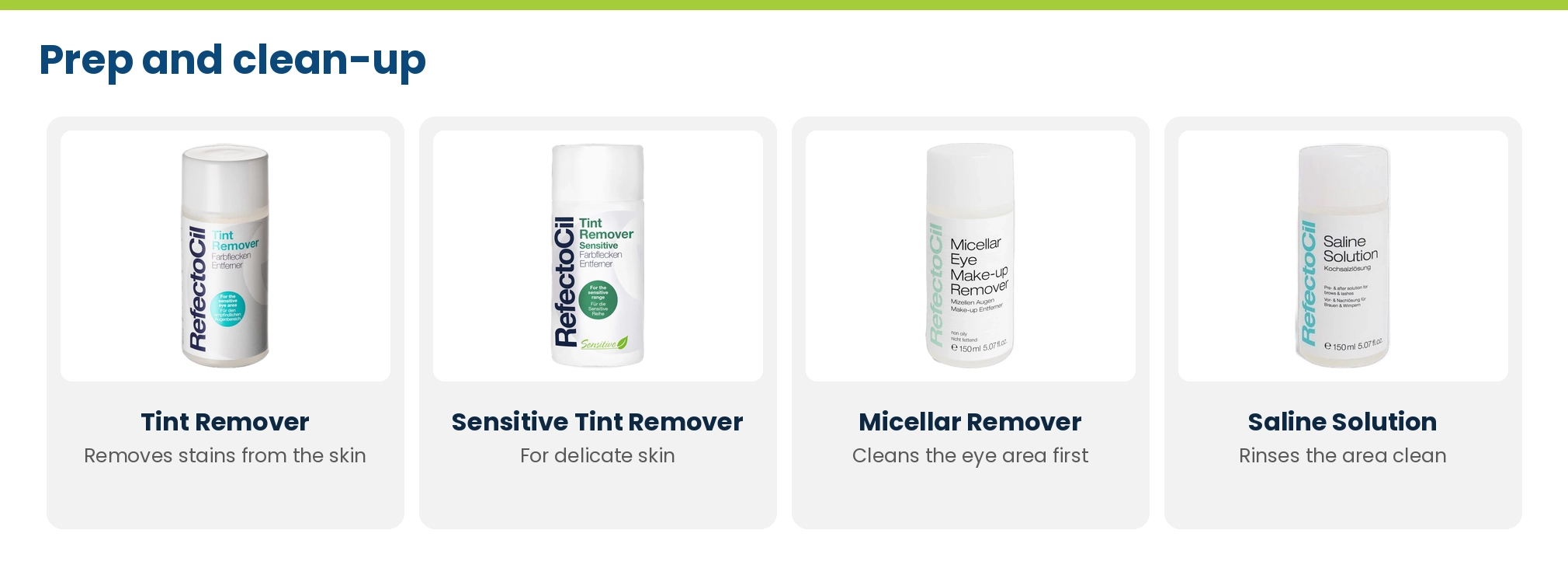 RefectoCil prep and clean-up: Tint Remover, Sensitive Tint Remover, Micellar Eye Make-up Remover and Saline Solution