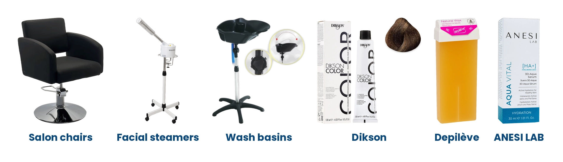 Brands available at Beautiquip Durban: salon chairs, facial steamers, wash basins, Dikson, Depilève and ANESI LAB