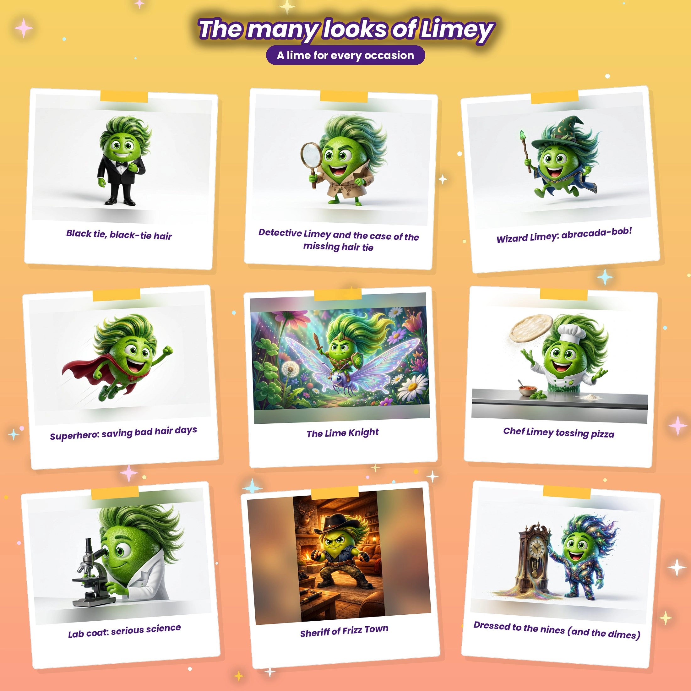 The many looks of Limey: black tie, detective, wizard, superhero, the Lime Knight, chef, lab coat scientist, sheriff and a fancy patterned suit