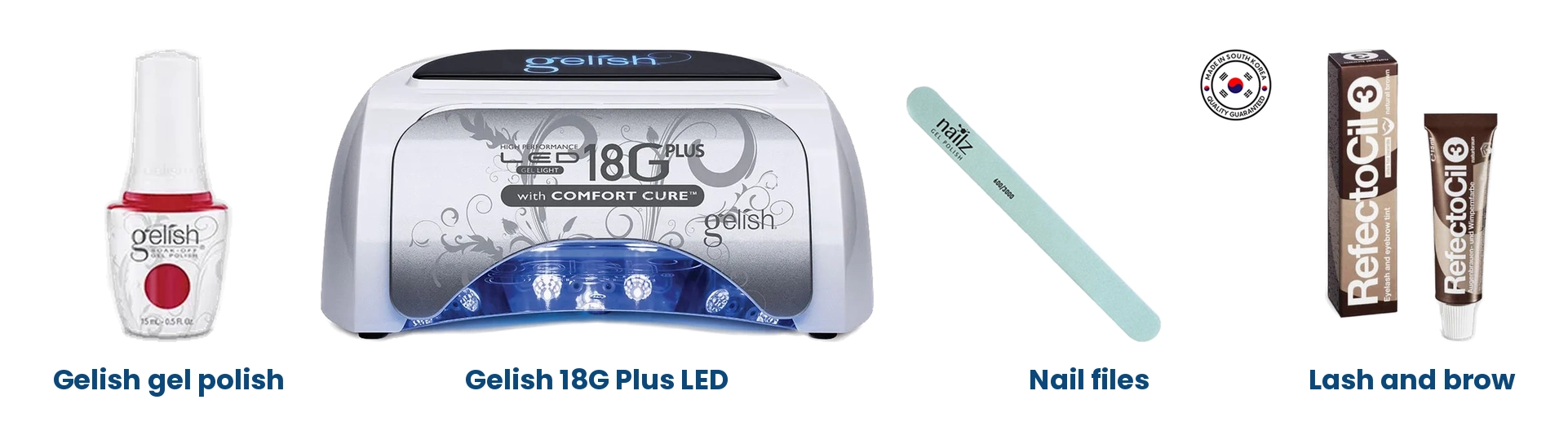 Brands available at Sparkle Cape Town: Gelish gel polish, Gelish 18G Plus LED, nail files and lash and brow essentials