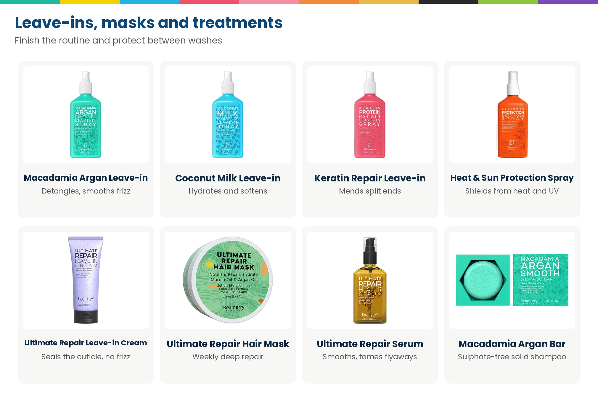 BEAMARRY leave-ins and treatments: Macadamia Argan, Coconut Milk and Keratin leave-in sprays, Heat and Sun Protection Spray, Ultimate Repair Leave-in Cream, Hair Mask and Serum, and the Macadamia Argan Shampoo Bar