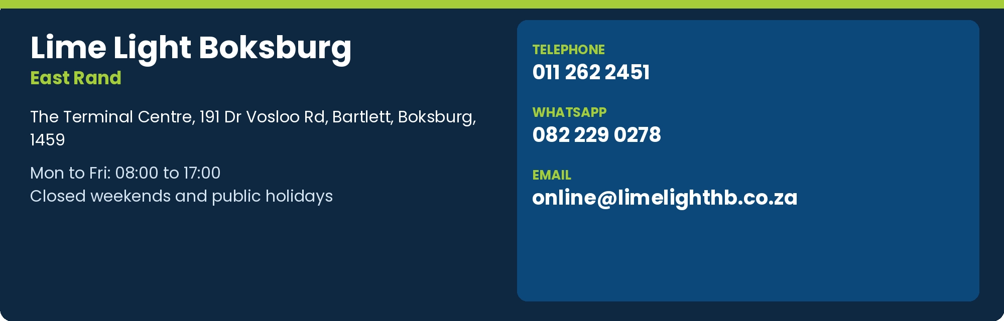 Lime Light Boksburg address, opening hours, telephone, WhatsApp and email